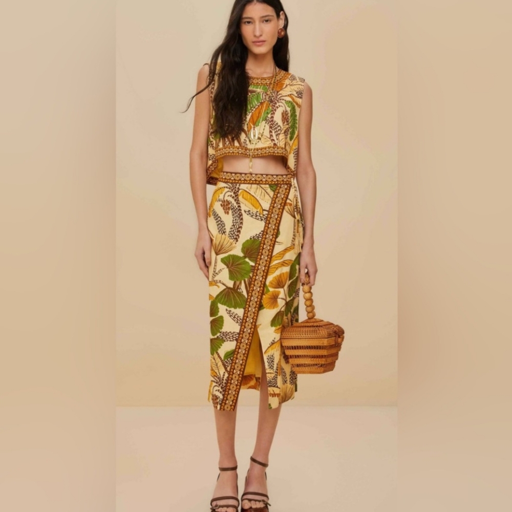 FARM RIO SAND FOLIAGE SKETCH MIDI SKIRT MEDIUM NEW NWT